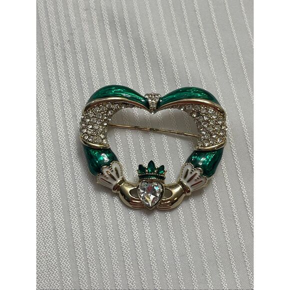 Napier Irish Claddagh Brooch Pin Crystals St Patricks Day Green Signed - Picture 1 of 5